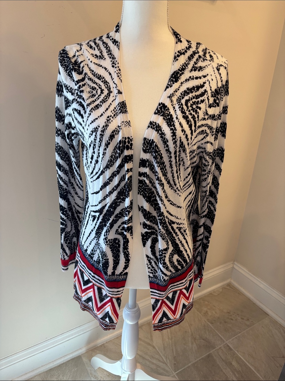 Chico’s Zebra Print Cardigan with Chevron Hem - Black & White with Red Accent